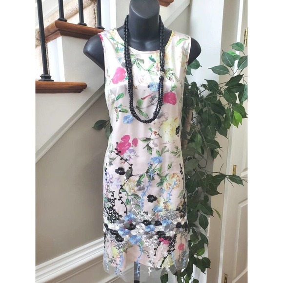 Spense White Floral 100% Nylon Sleeveless Casual Round Neck Knee Length Dress M - Picture 1 of 10